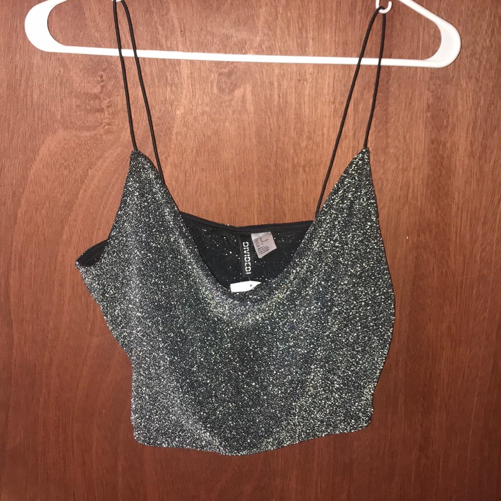 Cowl Neck Black Glitter Cropped Tank